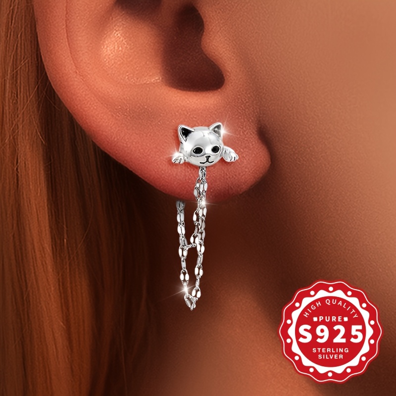 Women's S925 Silver Cat Double-Layer Lip Tassel Earrings — Elegant Gift